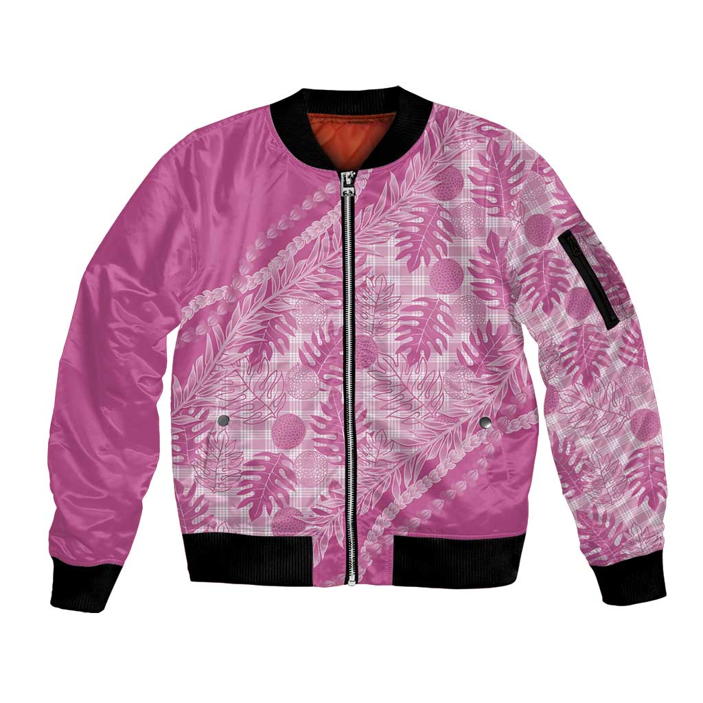 Hawaii Breadfruit Palaka Sleeve Zip Bomber Jacket Omaomao Ulaula Maile Lei LT9 Unisex Pink - Polynesian Pride