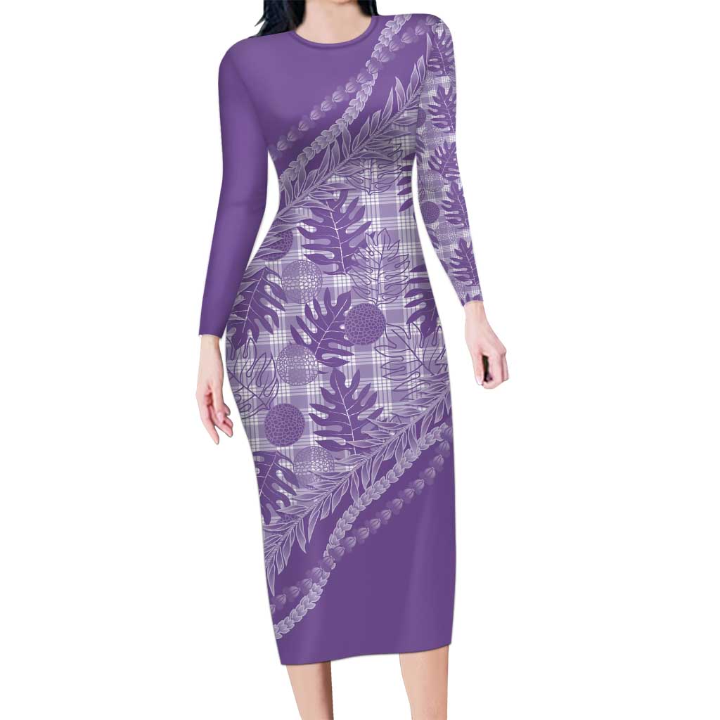 Hawaii Breadfruit Palaka Long Sleeve Bodycon Dress Poni Maile Lei LT9 Long Dress Purple - Polynesian Pride