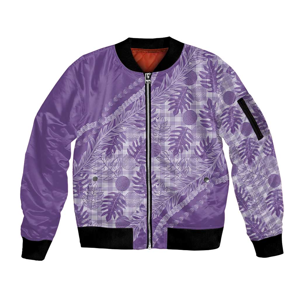 Hawaii Breadfruit Palaka Sleeve Zip Bomber Jacket Poni Maile Lei LT9 Unisex Purple - Polynesian Pride
