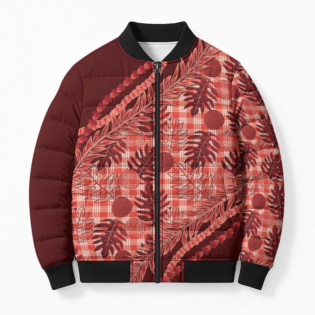 Hawaii Breadfruit Palaka Bomber Puffer Jacket Ulaula Maile Lei LT9 Unisex Red - Polynesian Pride