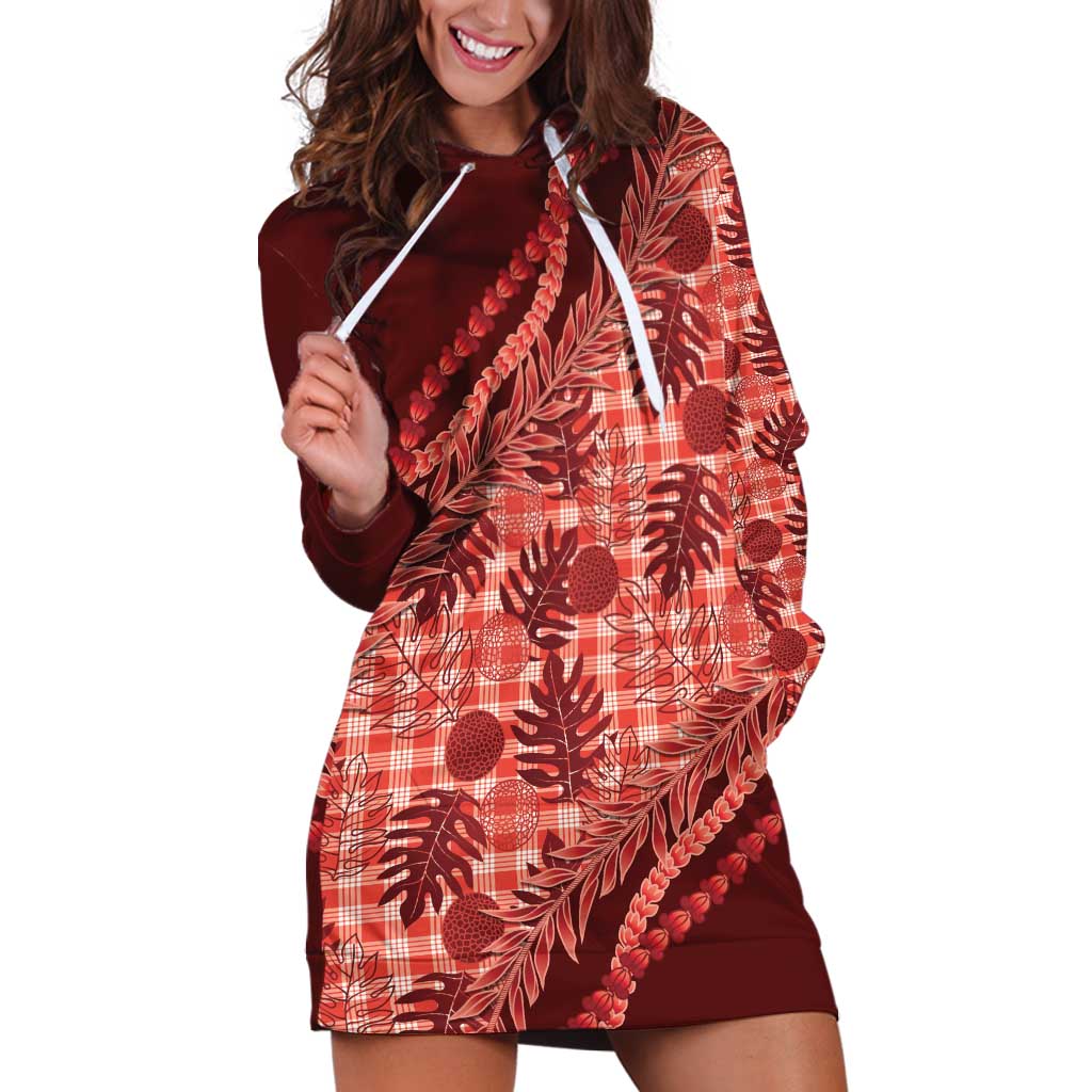 Hawaii Breadfruit Palaka Hoodie Dress Ulaula Maile Lei LT9 Red - Polynesian Pride