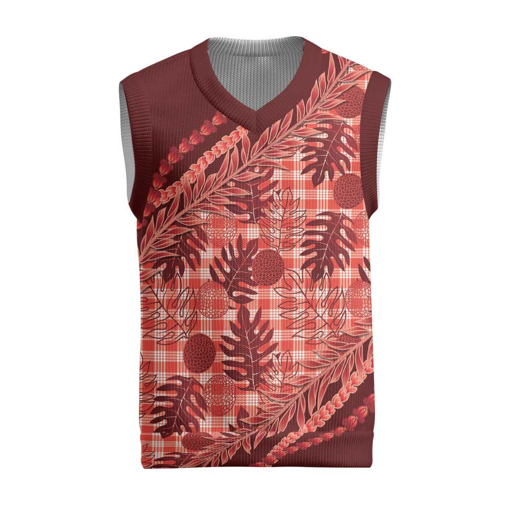 Hawaii Breadfruit Palaka Christmas Knitted V-Neck Vest Ulaula Maile Lei LT9 Red - Polynesian Pride