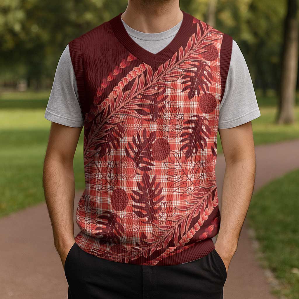 Hawaii Breadfruit Palaka Christmas Knitted V-Neck Vest Ulaula Maile Lei LT9 - Polynesian Pride