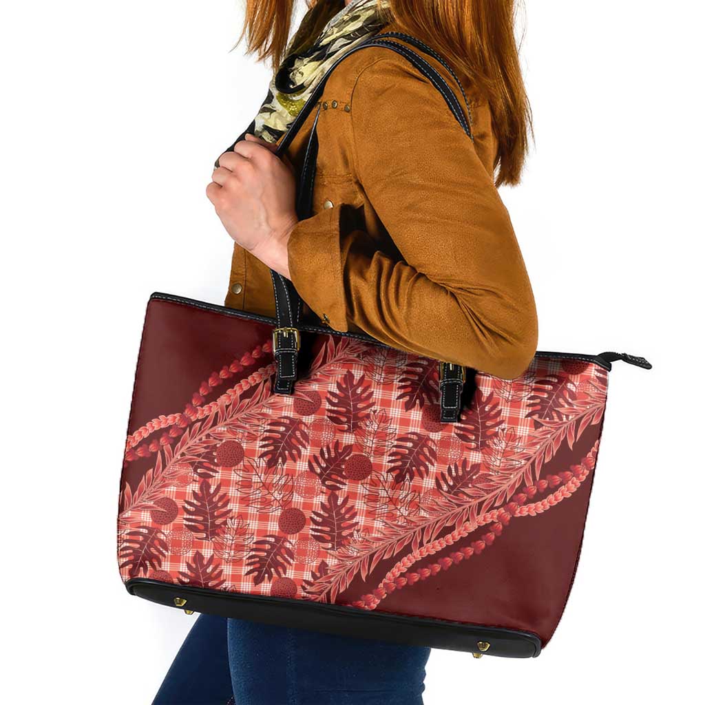Hawaii Breadfruit Palaka Leather Tote Bag Ulaula Maile Lei LT9 Red - Polynesian Pride
