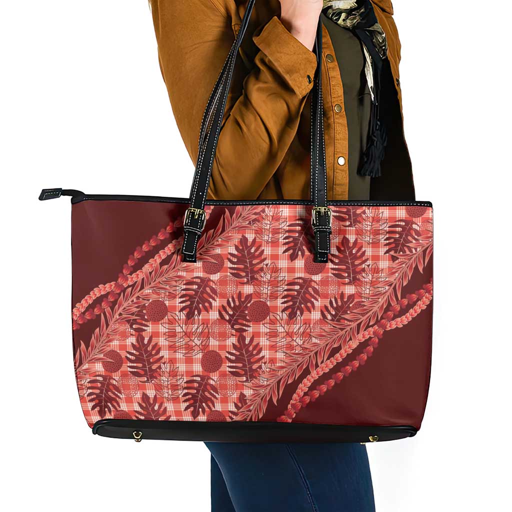 Hawaii Breadfruit Palaka Leather Tote Bag Ulaula Maile Lei LT9 - Polynesian Pride