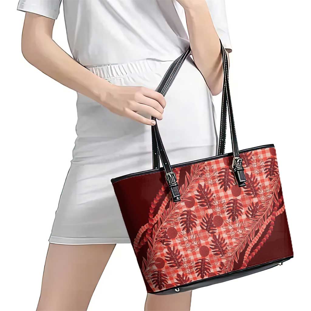 Hawaii Breadfruit Palaka Leather Tote Bag Ulaula Maile Lei LT9 - Polynesian Pride
