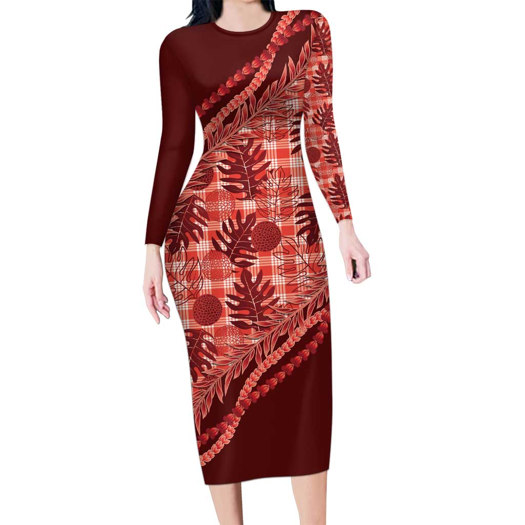 Hawaii Breadfruit Palaka Long Sleeve Bodycon Dress Ulaula Maile Lei LT9 Long Dress Red - Polynesian Pride