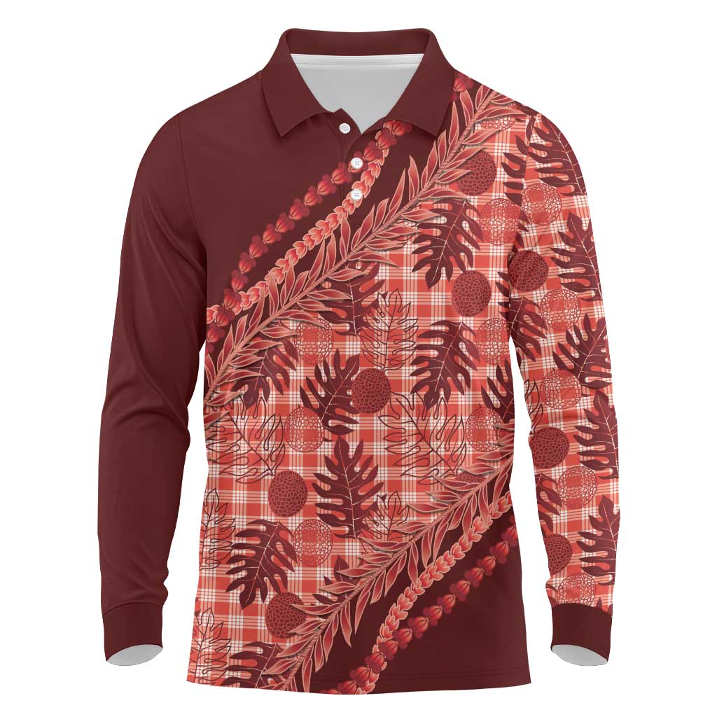 Hawaii Breadfruit Palaka Long Sleeve Polo Shirt Ulaula Maile Lei LT9 Red - Polynesian Pride