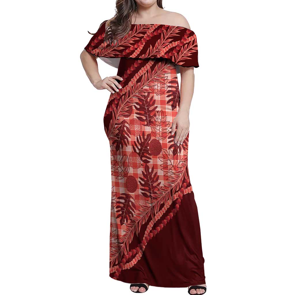 Hawaii Breadfruit Palaka Off Shoulder Maxi Dress Ulaula Maile Lei LT9 Women Red - Polynesian Pride