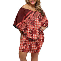 Hawaii Breadfruit Palaka Off Shoulder Short Dress Ulaula Maile Lei LT9 Women Red - Polynesian Pride