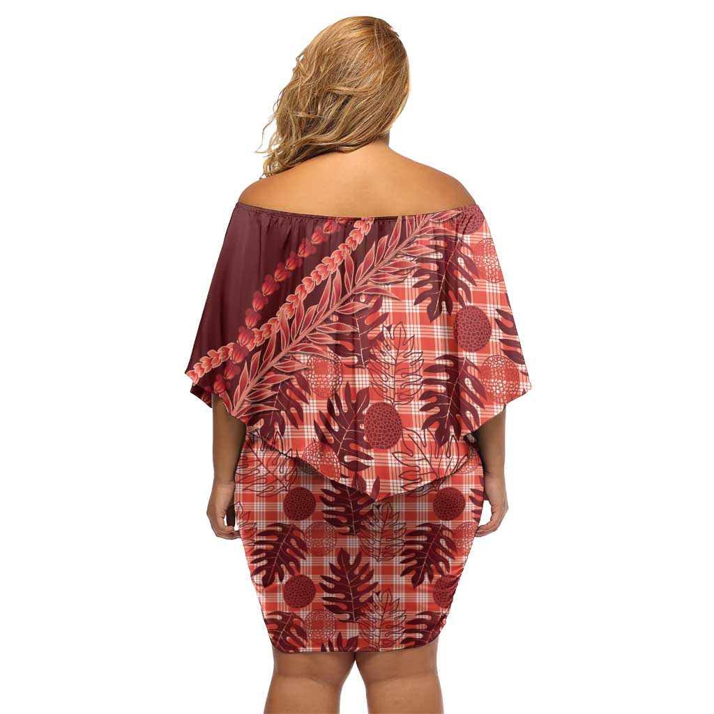 Hawaii Breadfruit Palaka Off Shoulder Short Dress Ulaula Maile Lei LT9 - Polynesian Pride
