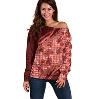 Hawaii Breadfruit Palaka Off Shoulder Sweater Ulaula Maile Lei LT9 Women Red - Polynesian Pride