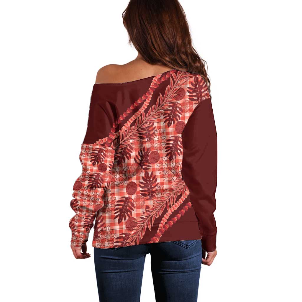 Hawaii Breadfruit Palaka Off Shoulder Sweater Ulaula Maile Lei LT9 - Polynesian Pride