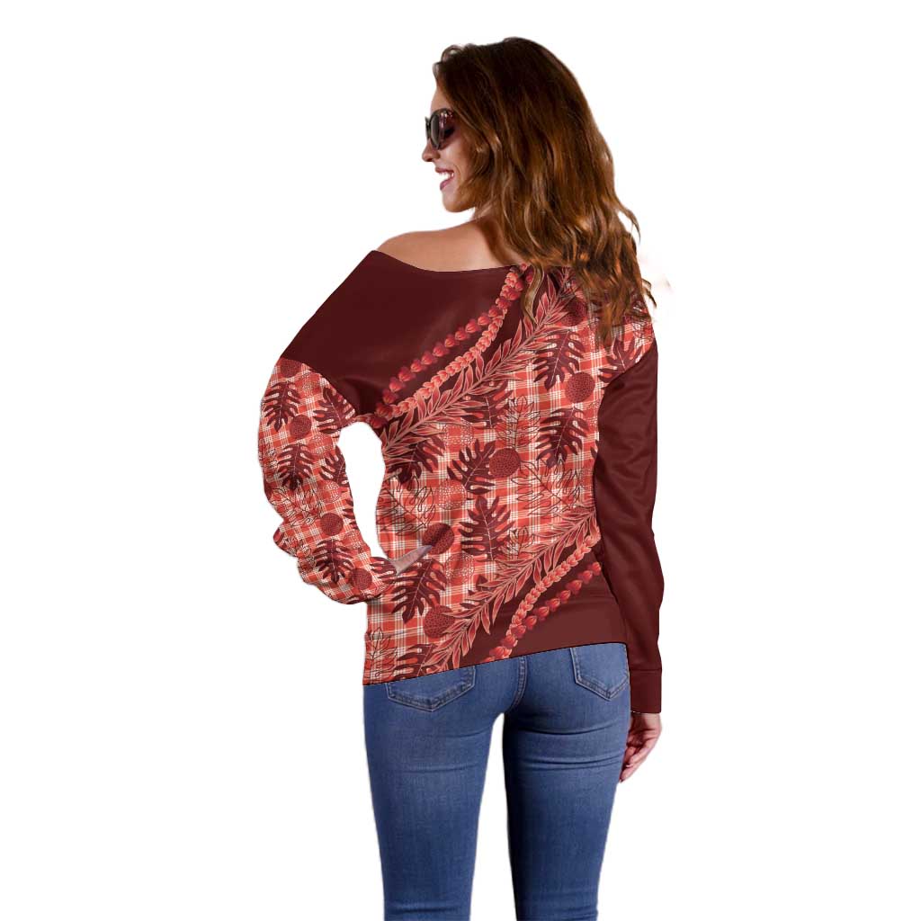 Hawaii Breadfruit Palaka Off Shoulder Sweater Ulaula Maile Lei LT9 - Polynesian Pride