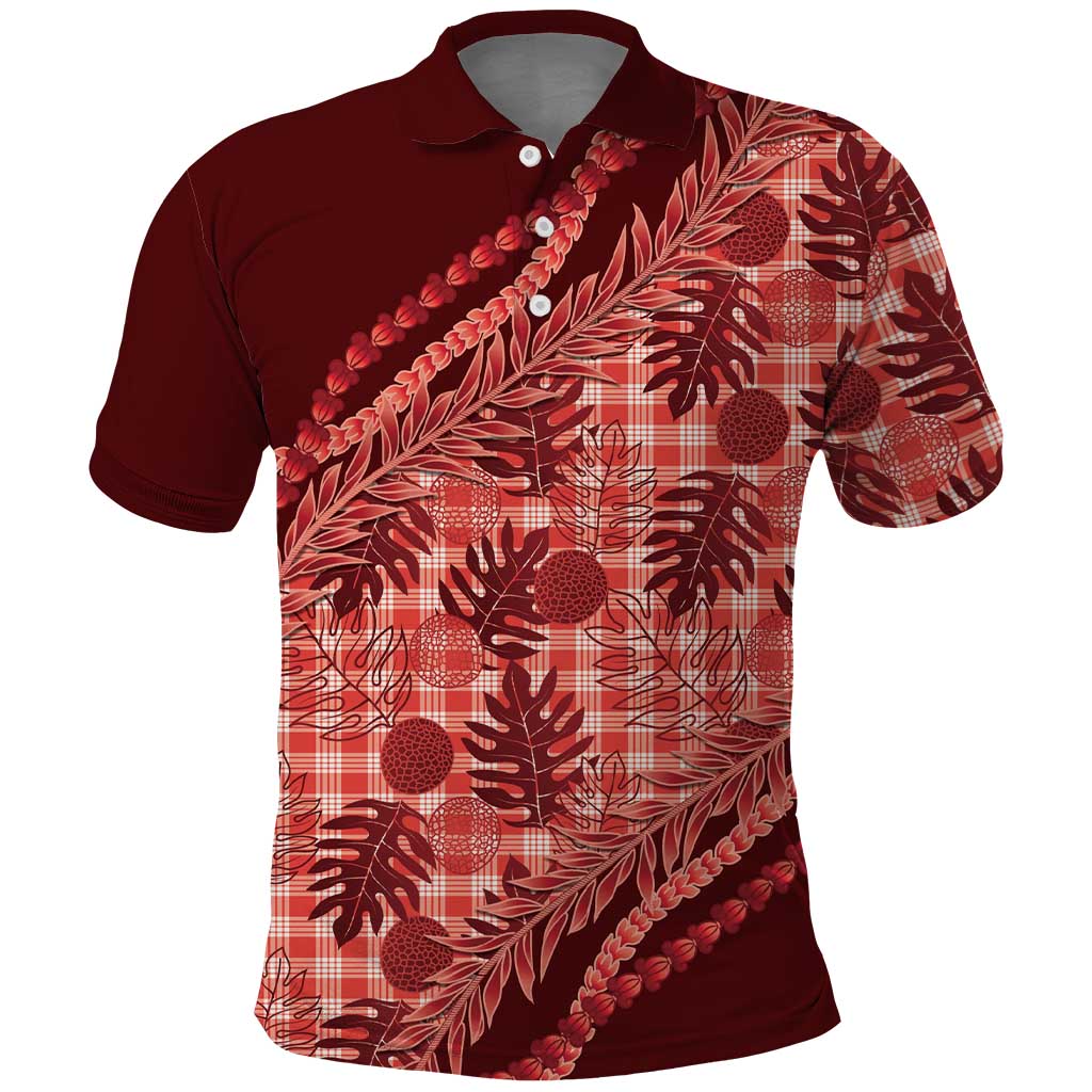 Hawaii Breadfruit Palaka Polo Shirt Ulaula Maile Lei LT9 Red - Polynesian Pride