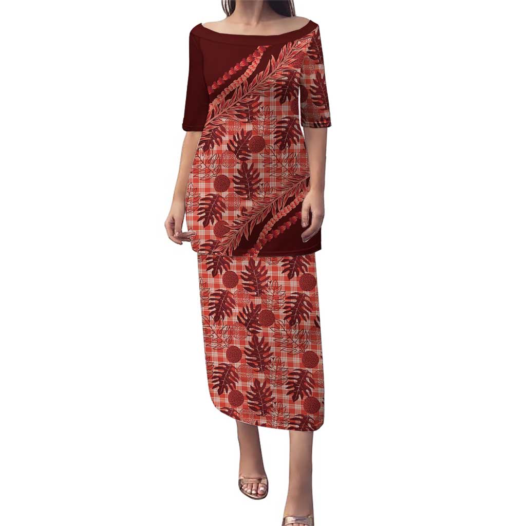 Hawaii Breadfruit Palaka Puletasi Ulaula Maile Lei LT9 Long Dress Red - Polynesian Pride