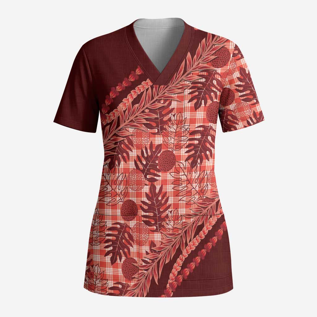 Hawaii Breadfruit Palaka Scrub Top Ulaula Maile Lei LT9 Adult Red - Polynesian Pride