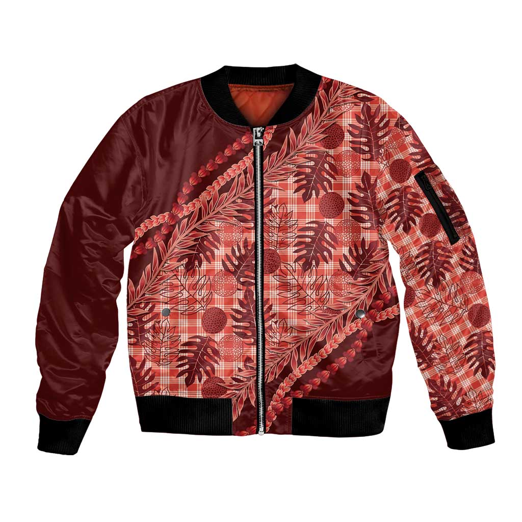 Hawaii Breadfruit Palaka Sleeve Zip Bomber Jacket Ulaula Maile Lei LT9 Unisex Red - Polynesian Pride