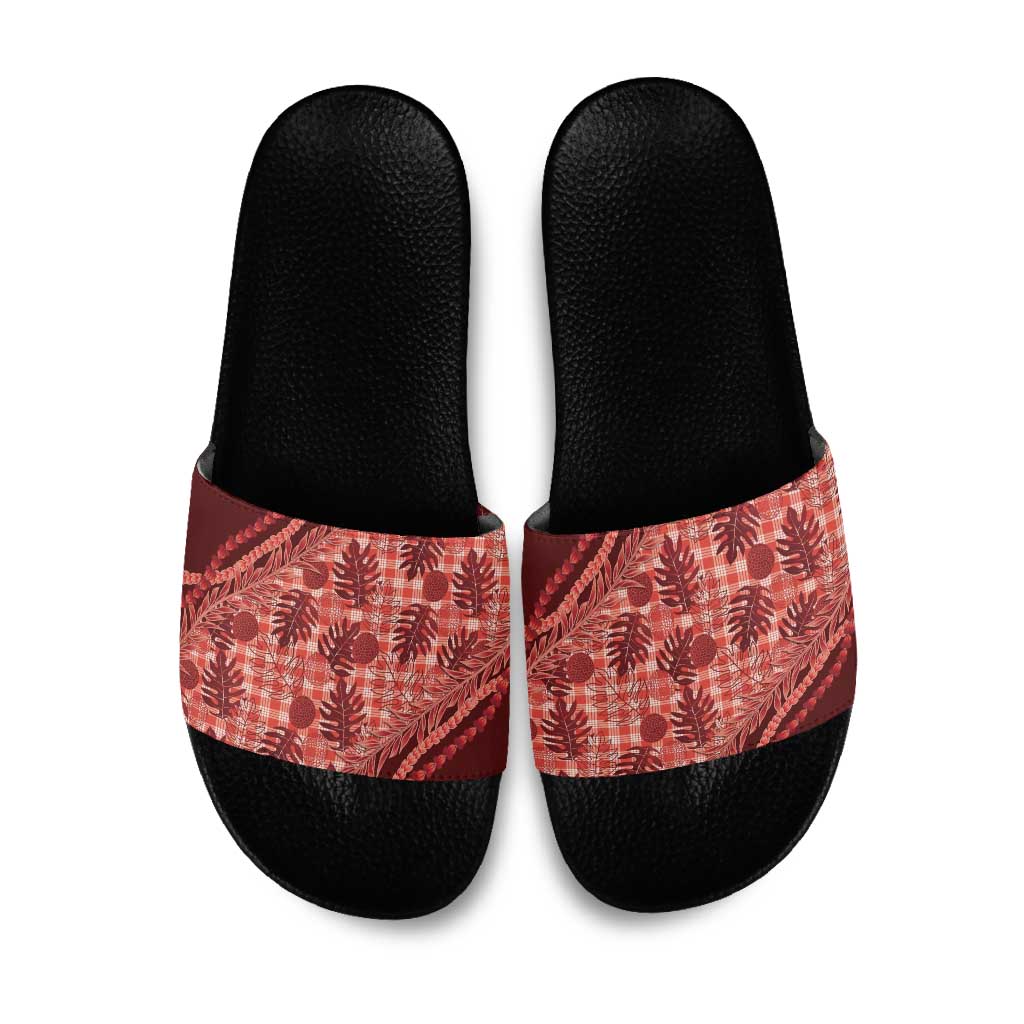 Hawaii Breadfruit Palaka Slide Sandals Ulaula Maile Lei LT9 Red - Polynesian Pride