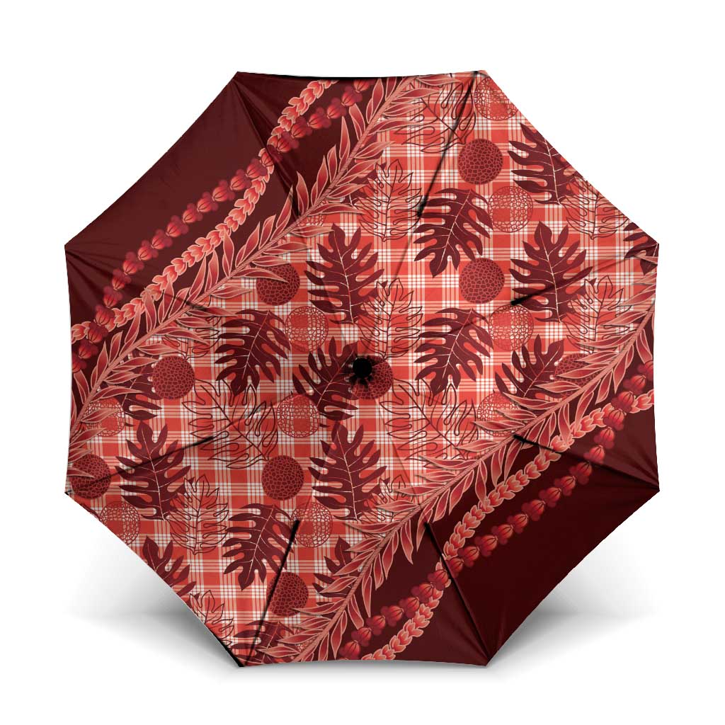 Hawaii Breadfruit Palaka Umbrella Ulaula Maile Lei LT9 One Size Folded 11.42 inch Opened Diameter 37.4 inch Red - Polynesian Pride