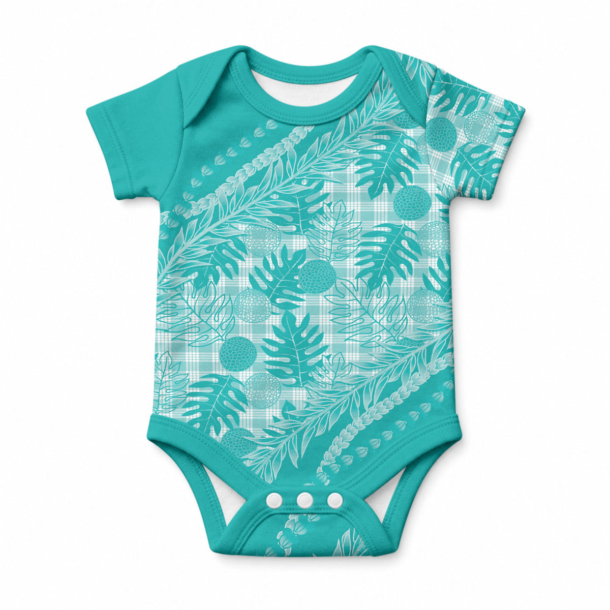 Hawaii Breadfruit Palaka Baby Onesie Polu Opal Maile Lei LT9 Turquoise - Polynesian Pride