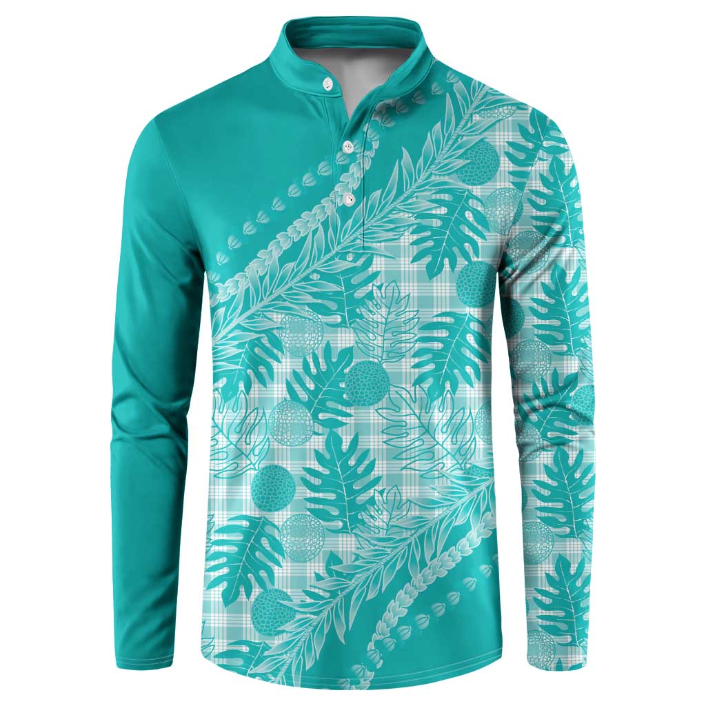 Hawaii Breadfruit Palaka Button Sweatshirt Polu Opal Maile Lei LT9 Turquoise - Polynesian Pride