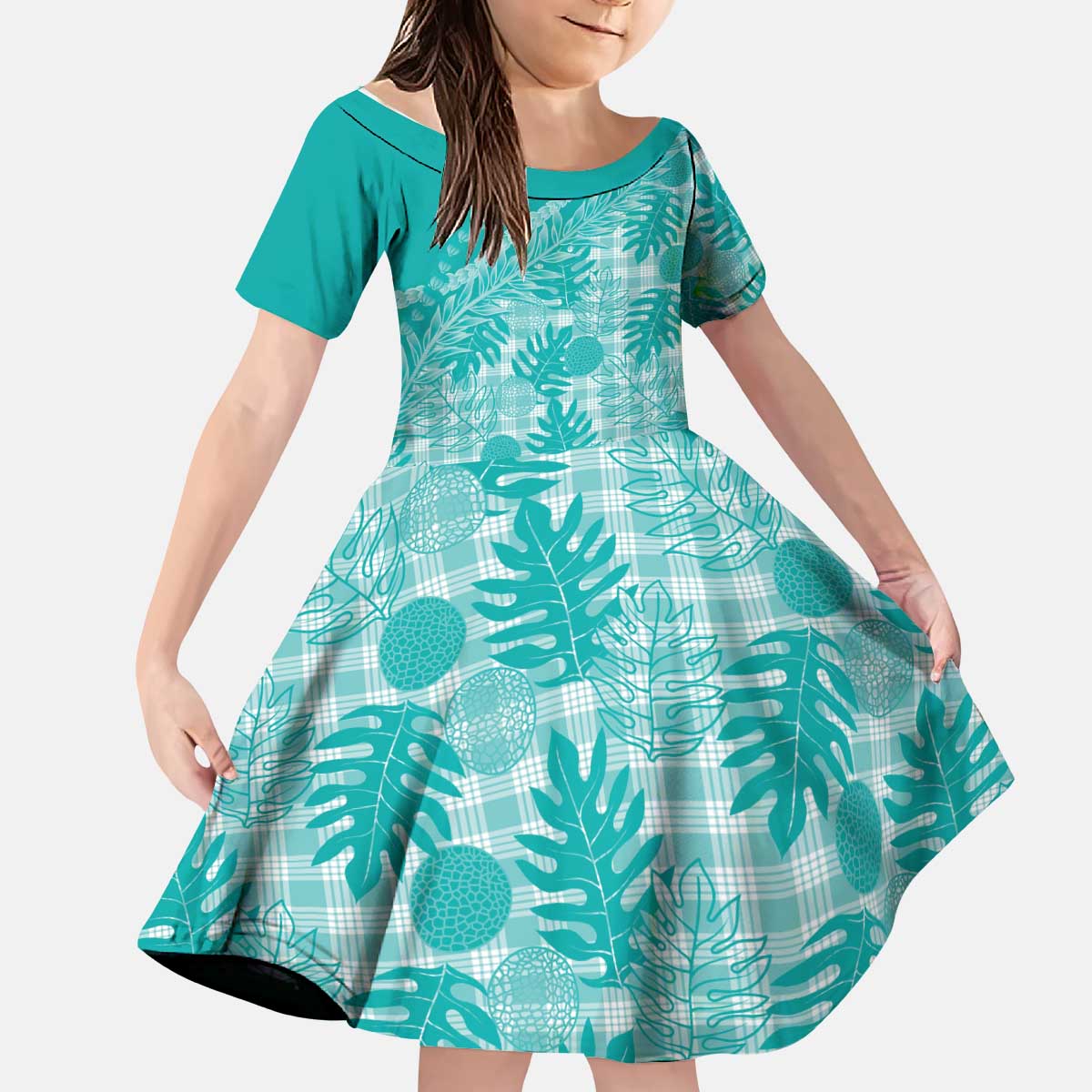 Hawaii Breadfruit Palaka Kid Short Sleeve Dress Polu Opal Maile Lei LT9 KID Turquoise - Polynesian Pride