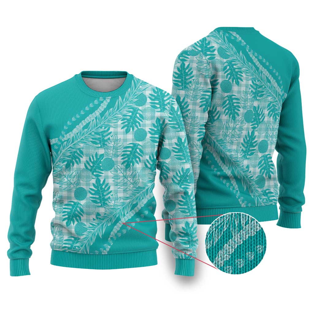 Hawaii Breadfruit Palaka Ugly Christmas Sweater Polu Opal Maile Lei LT9 Turquoise - Polynesian Pride