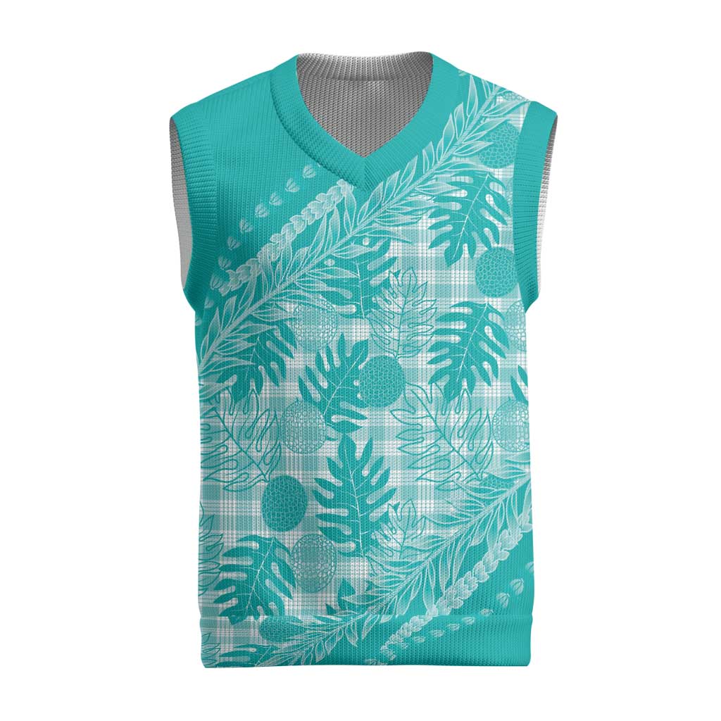 Hawaii Breadfruit Palaka Christmas Knitted V-Neck Vest Polu Opal Maile Lei LT9 Turquoise - Polynesian Pride
