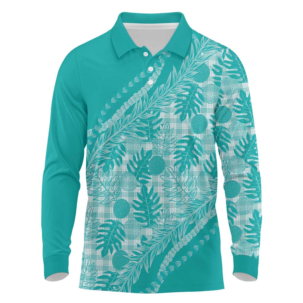 Hawaii Breadfruit Palaka Long Sleeve Polo Shirt Polu Opal Maile Lei LT9 Turquoise - Polynesian Pride