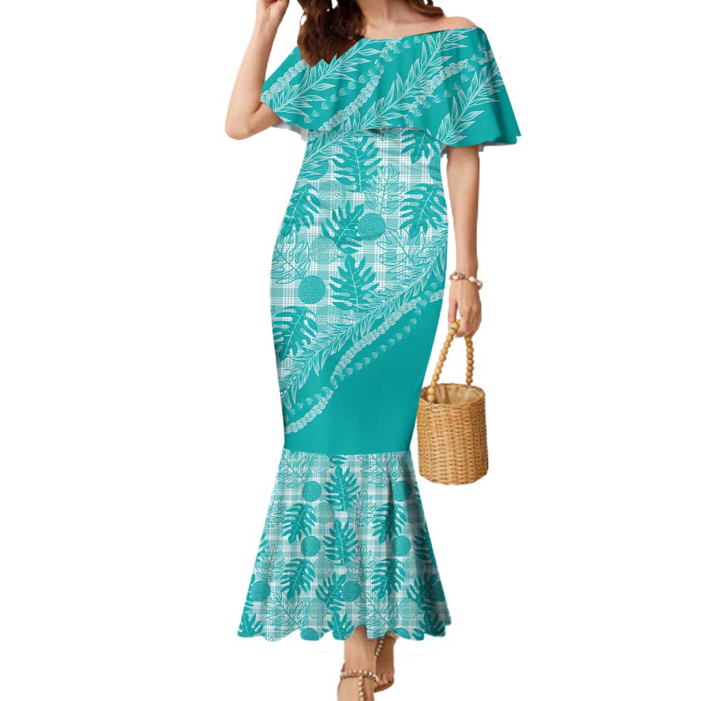 Hawaii Breadfruit Palaka Mermaid Dress Polu Opal Maile Lei LT9 Women Turquoise - Polynesian Pride