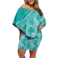 Hawaii Breadfruit Palaka Off Shoulder Short Dress Polu Opal Maile Lei LT9 Women Turquoise - Polynesian Pride