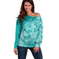 Hawaii Breadfruit Palaka Off Shoulder Sweater Polu Opal Maile Lei LT9 Women Turquoise - Polynesian Pride