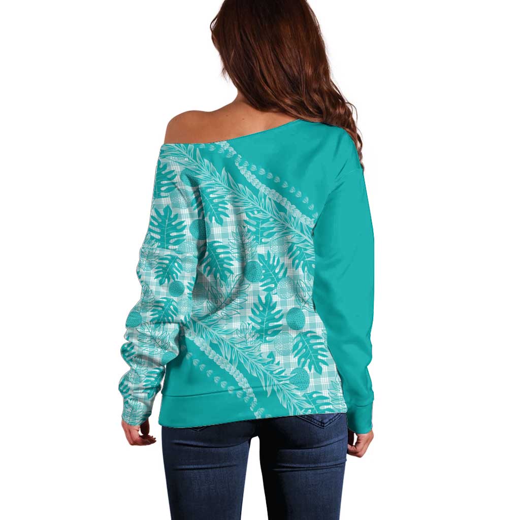 Hawaii Breadfruit Palaka Off Shoulder Sweater Polu Opal Maile Lei LT9 - Polynesian Pride