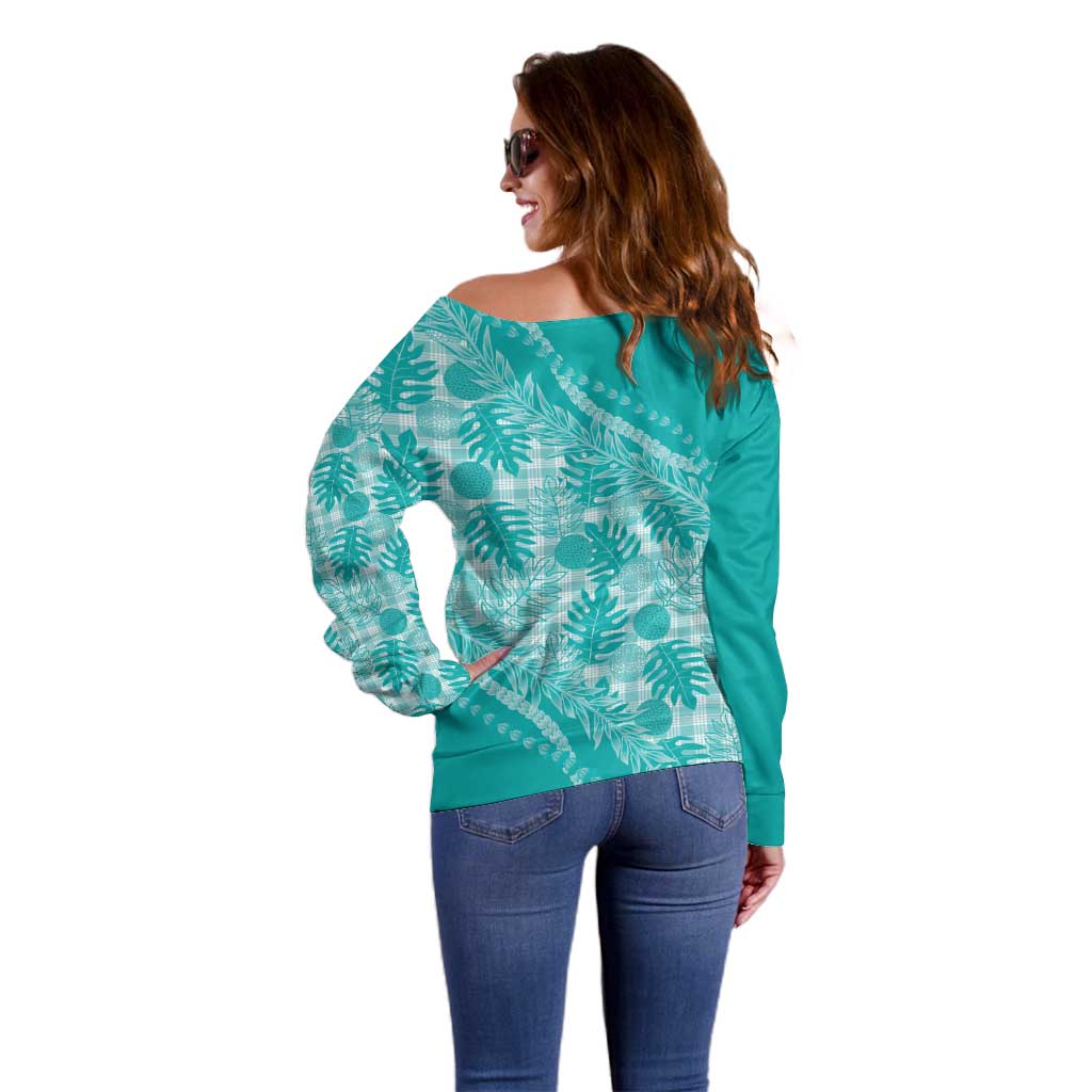 Hawaii Breadfruit Palaka Off Shoulder Sweater Polu Opal Maile Lei LT9 - Polynesian Pride