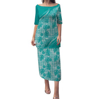 Hawaii Breadfruit Palaka Puletasi Polu Opal Maile Lei LT9 Long Dress Turquoise - Polynesian Pride