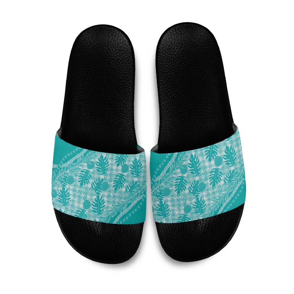 Hawaii Breadfruit Palaka Slide Sandals Polu Opal Maile Lei LT9 Turquoise - Polynesian Pride