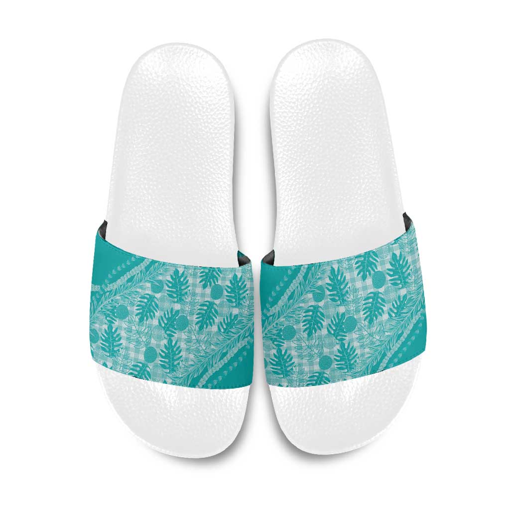 Hawaii Breadfruit Palaka Slide Sandals Polu Opal Maile Lei LT9 Turquoise - Polynesian Pride