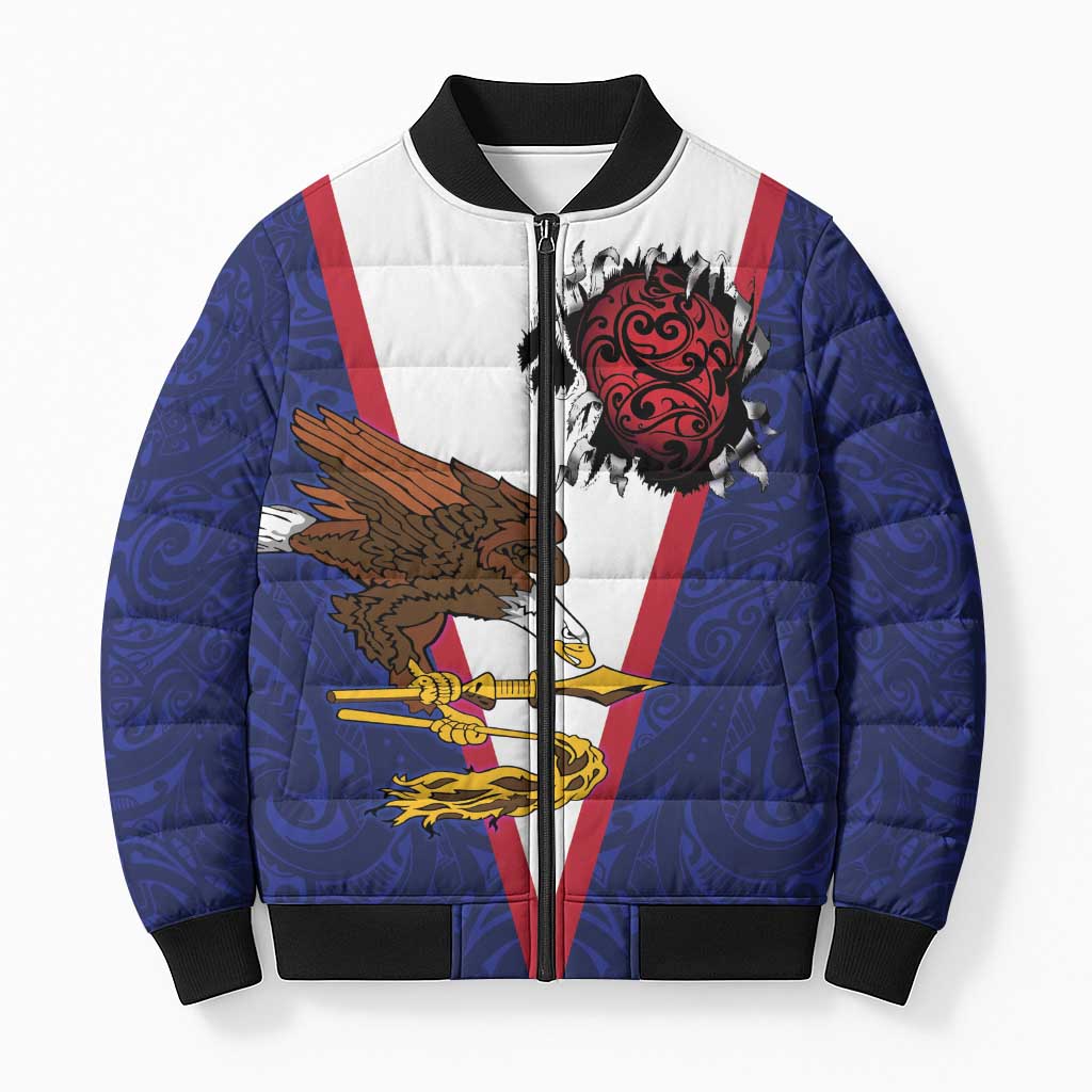 American Samoa Heart Tribal Personalized Bomber Puffer Jacket Polynesian Patterns LT9 Unisex Blue - Polynesian Pride