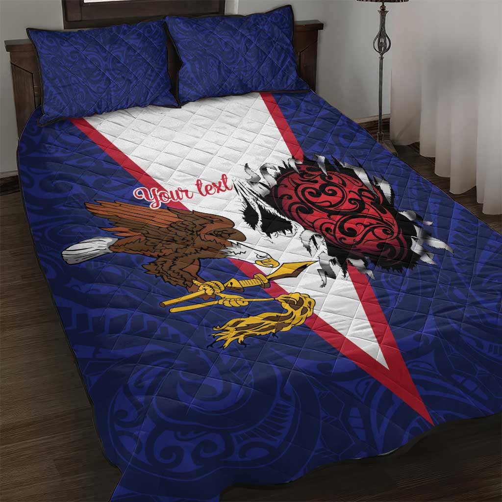 American Samoa Heart Tribal Personalized Quilt Bed Set Polynesian Patterns LT9 Blue - Polynesian Pride