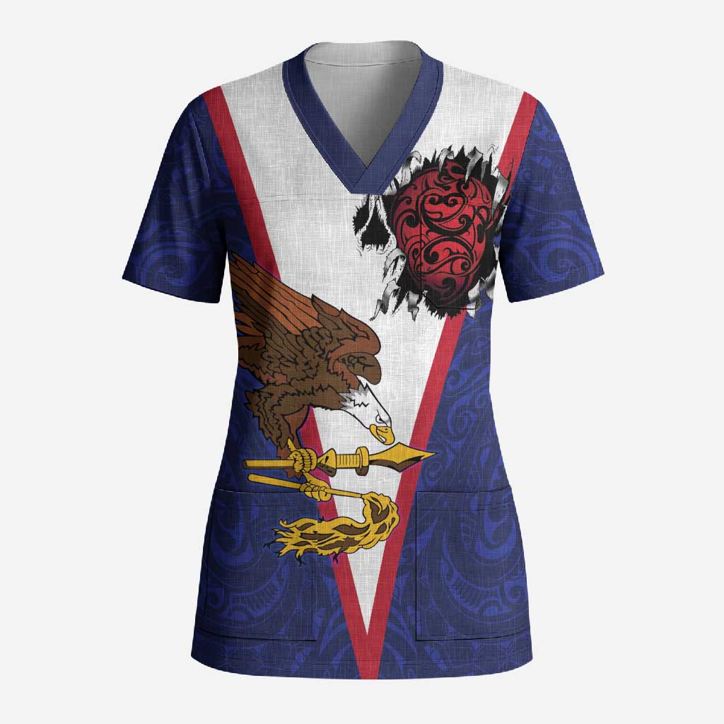 American Samoa Heart Tribal Personalized Scrub Top Polynesian Patterns LT9 Adult Blue - Polynesian Pride