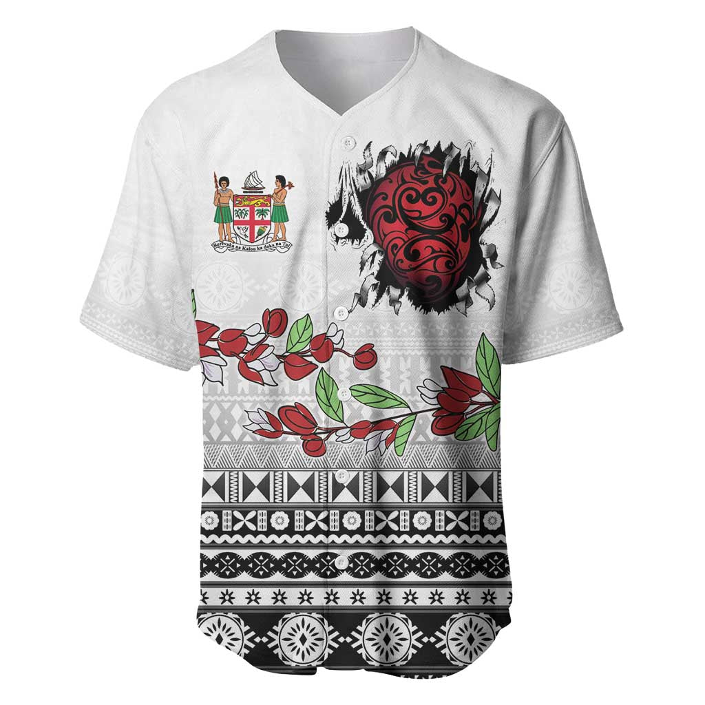 Fiji Heart Tribal Personalised Baseball Jersey Polynesian Patterns LT9 White - Polynesian Pride
