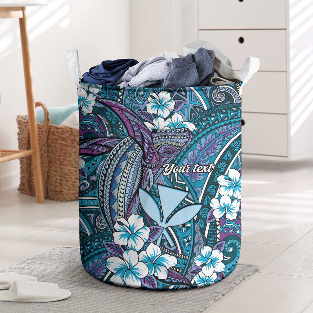 Personalised Hawaii Tribal Humpback Whale Laundry Basket Polu Hibiscus Seamless Pattern LT9 Blue - Polynesian Pride