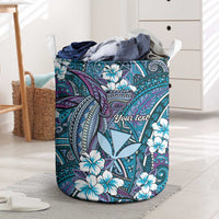 Personalised Hawaii Tribal Humpback Whale Laundry Basket Polu Hibiscus Seamless Pattern LT9 Blue - Polynesian Pride