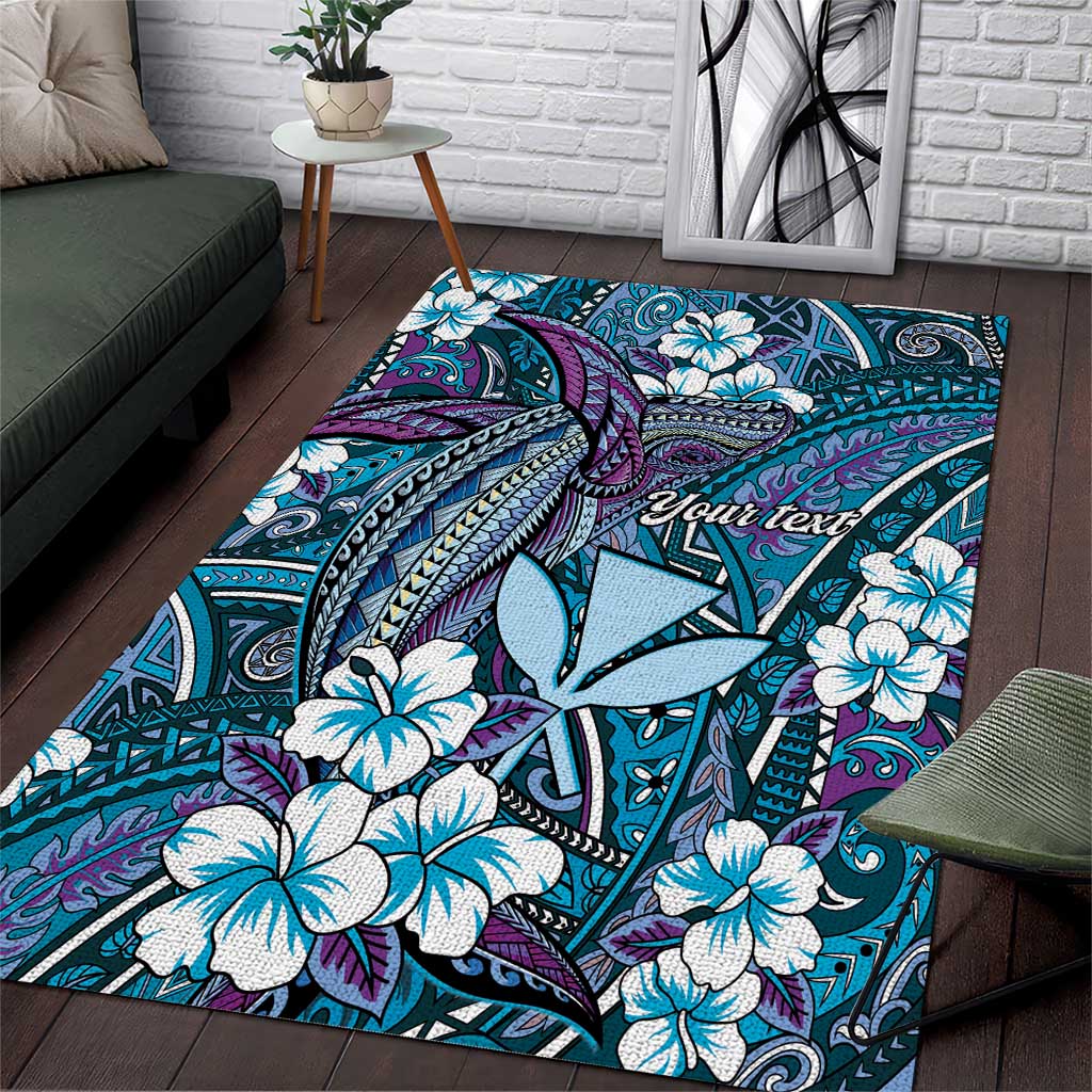 Personalised Hawaii Tribal Humpback Whale Area Rug Polu Hibiscus Seamless Pattern LT9 Blue - Polynesian Pride