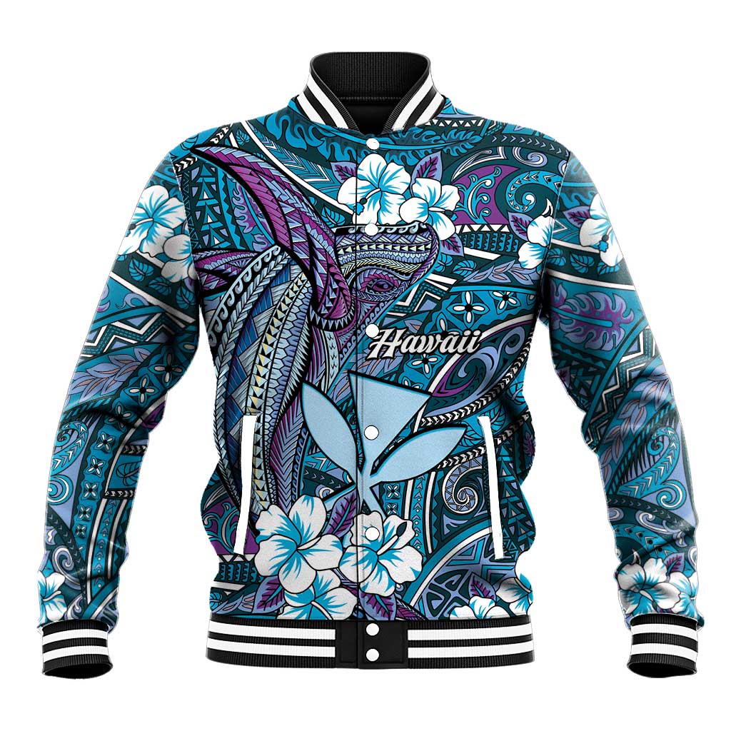Personalised Hawaii Tribal Humpback Whale Baseball Jacket Polu Hibiscus Seamless Pattern LT9 Unisex Blue - Polynesian Pride