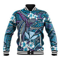 Personalised Hawaii Tribal Humpback Whale Baseball Jacket Polu Hibiscus Seamless Pattern LT9 Unisex Blue - Polynesian Pride