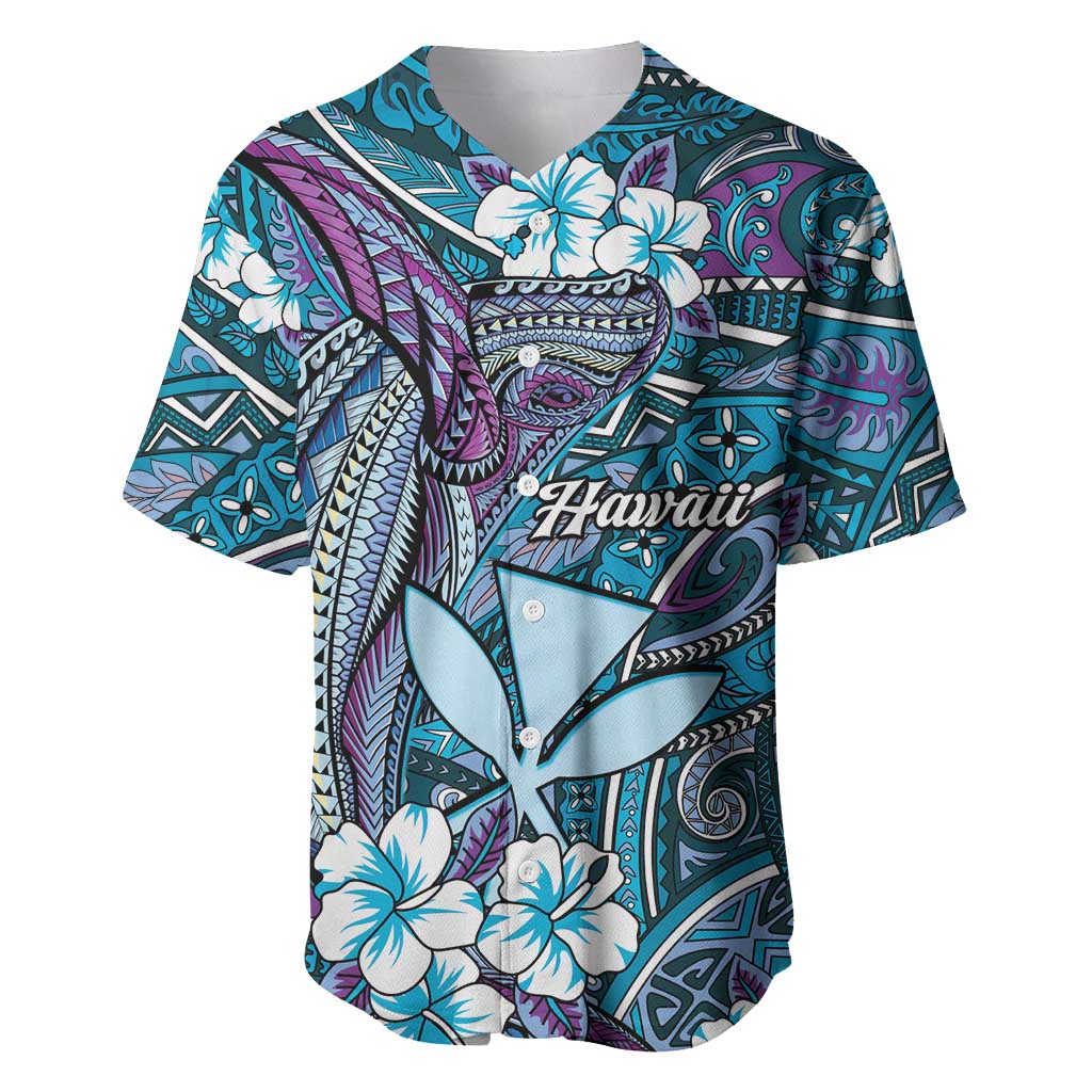Personalised Hawaii Tribal Humpback Whale Baseball Jersey Polu Hibiscus Seamless Pattern LT9 Blue - Polynesian Pride