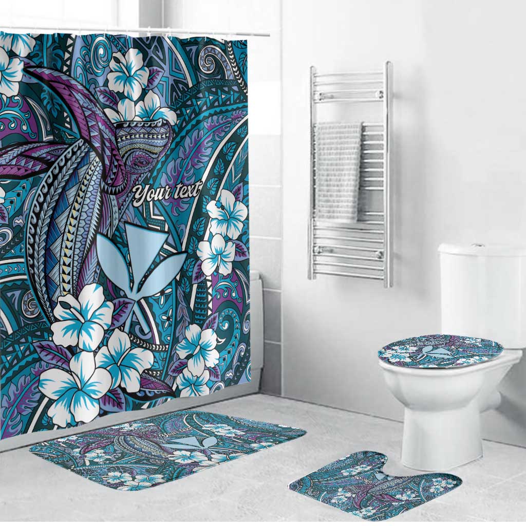 Personalised Hawaii Tribal Humpback Whale Bathroom Set Polu Hibiscus Seamless Pattern LT9 Bathroom Set (4 pcs) Blue - Polynesian Pride