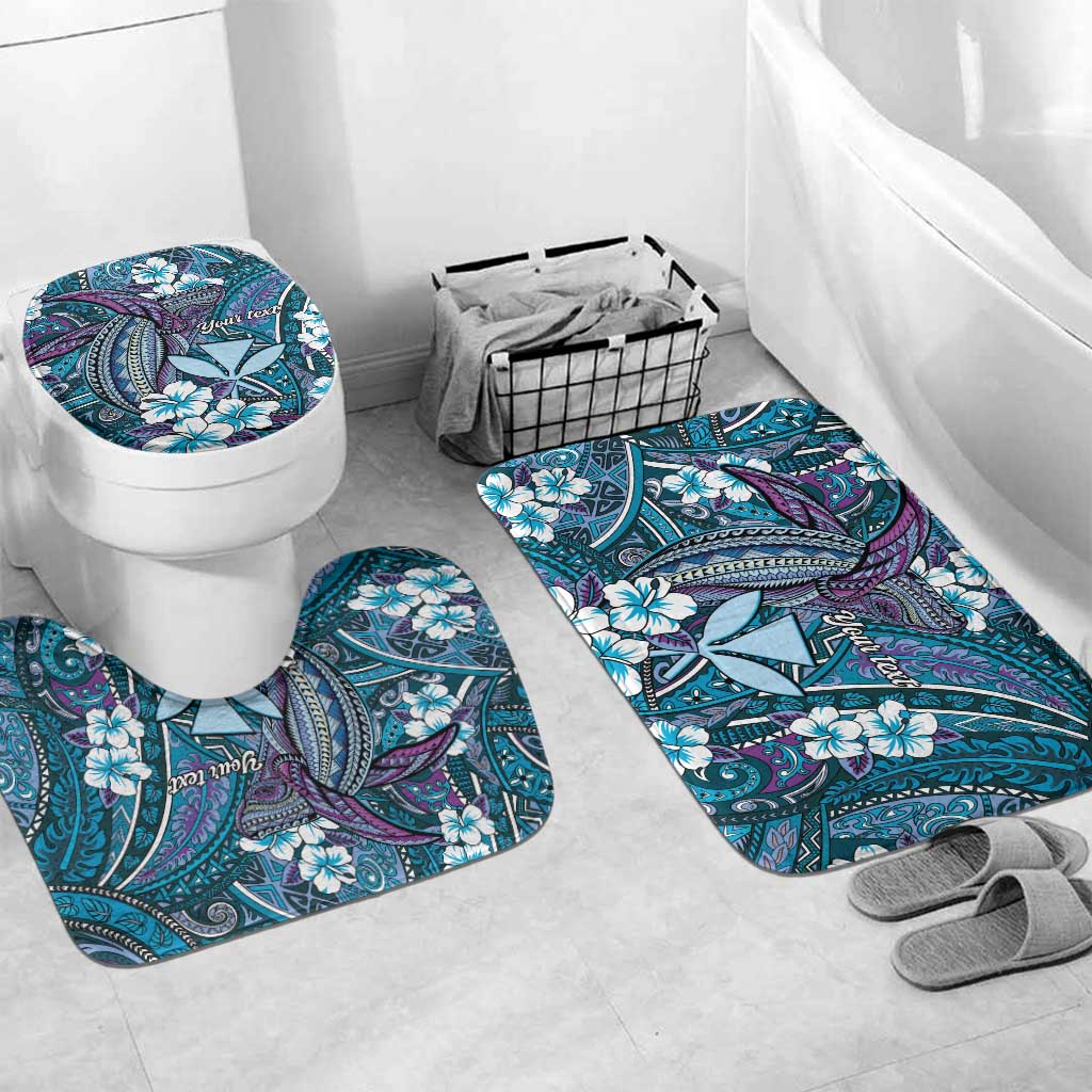 Personalised Hawaii Tribal Humpback Whale Bathroom Set Polu Hibiscus Seamless Pattern LT9 Mat Set Only (3 pcs) One Size Blue - Polynesian Pride